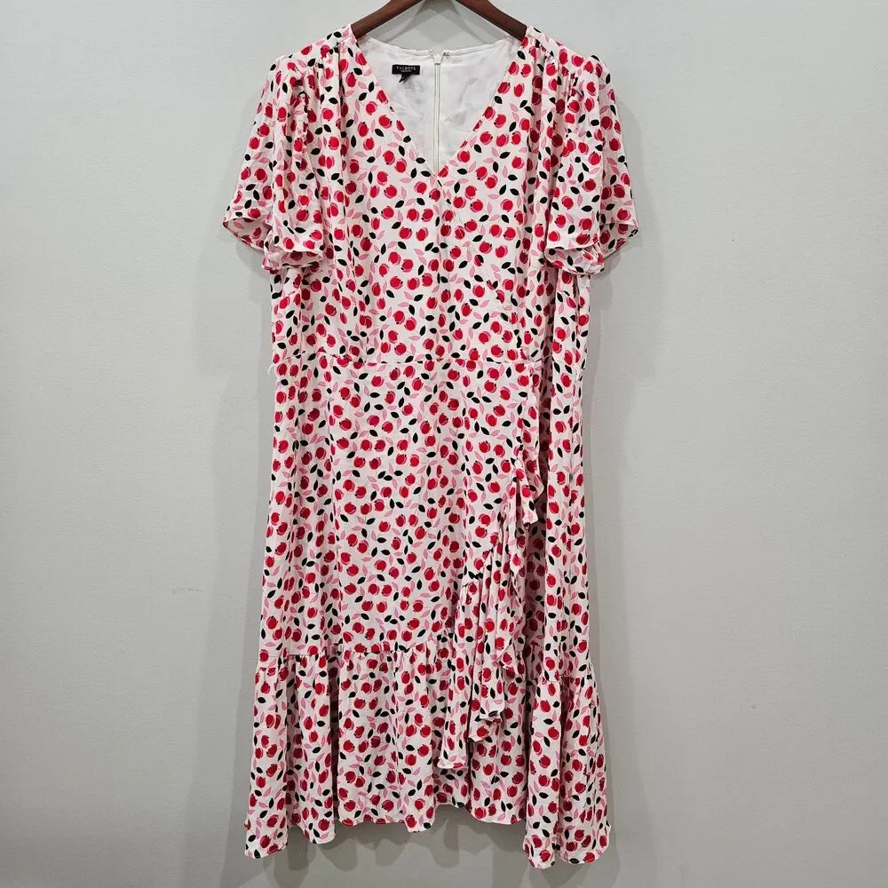 Talbots Womens Chiffon Wrap Dress 18WP White Red Ruffled Floral Fairy Bohemian